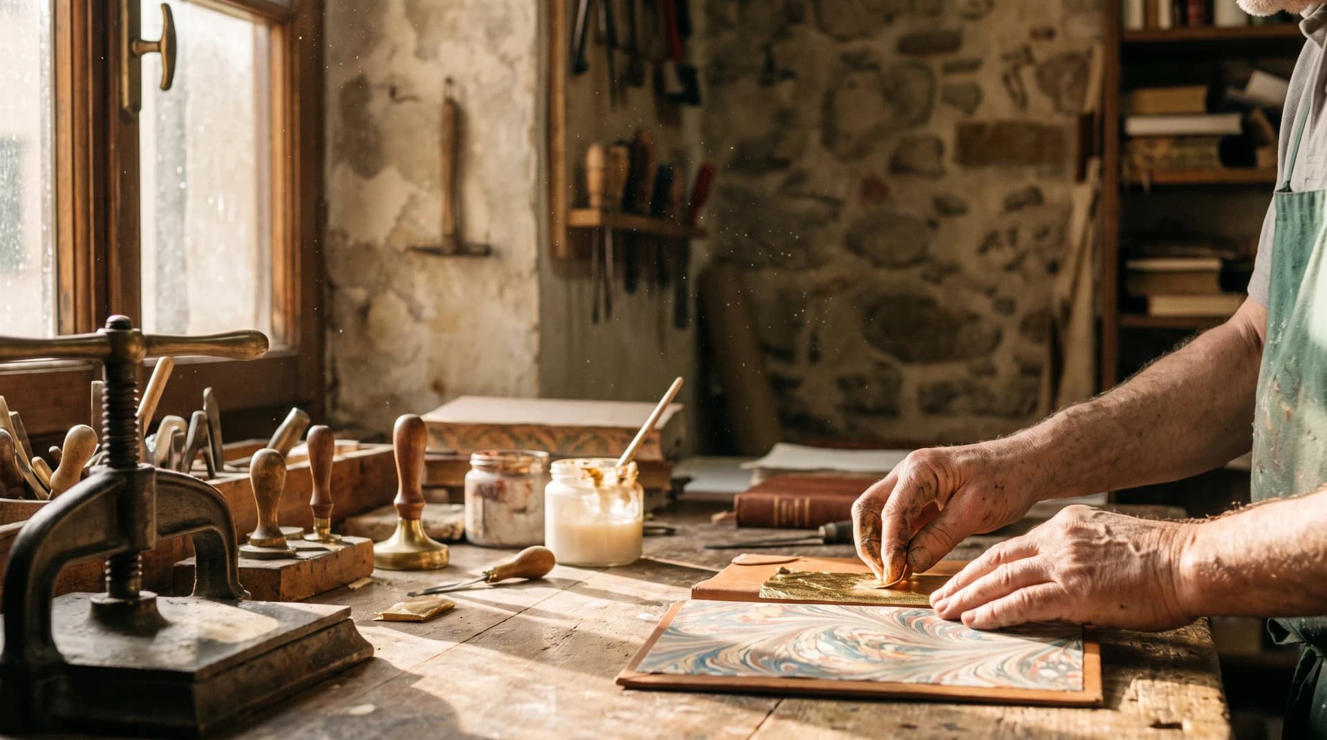 An artisan workshop in Florence with handmade paper, tools, and workbenches.