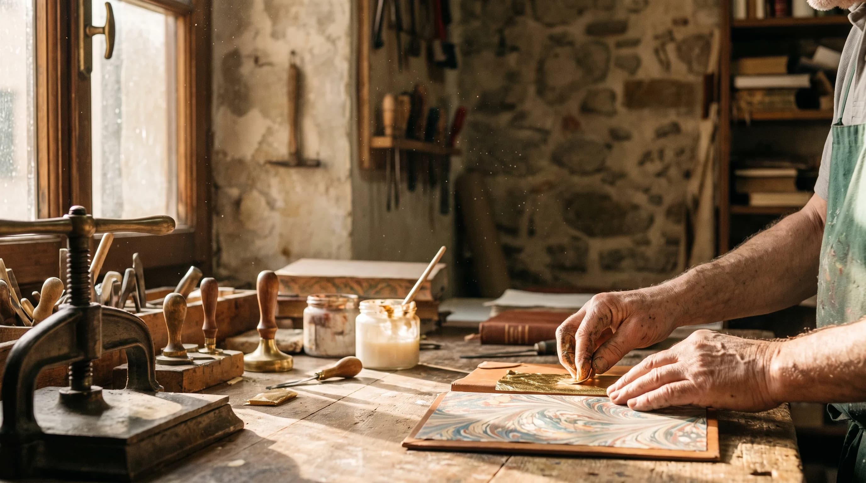 An artisan workshop in Florence with handmade paper, tools, and workbenches.