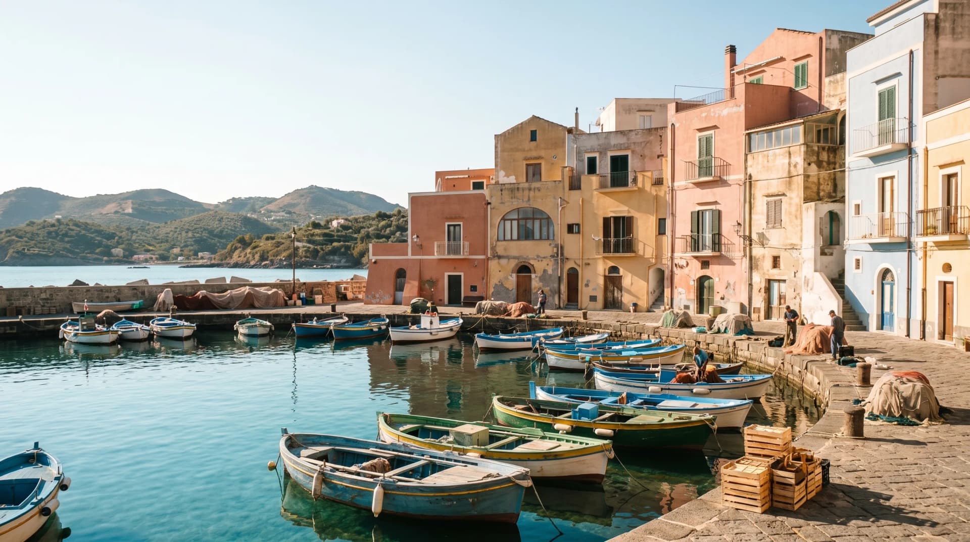A quiet Italian island harbor with pastel houses and small fishing boats.