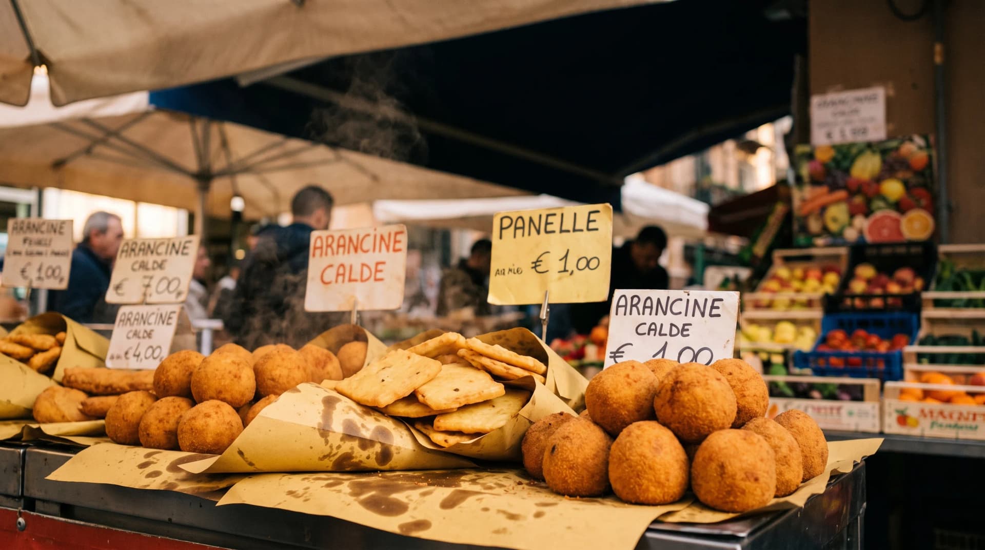 Sicilian street food served from a market stall with arancine and fried snacks.