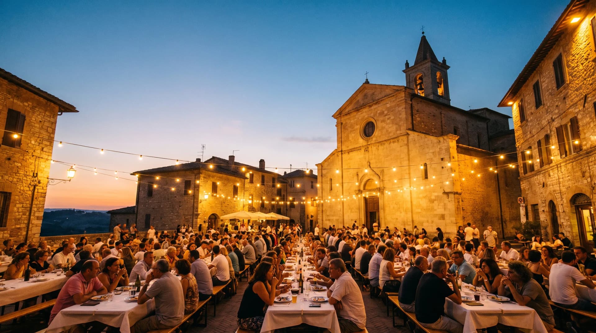 A small Umbrian hill town festival with long tables in a stone piazza.