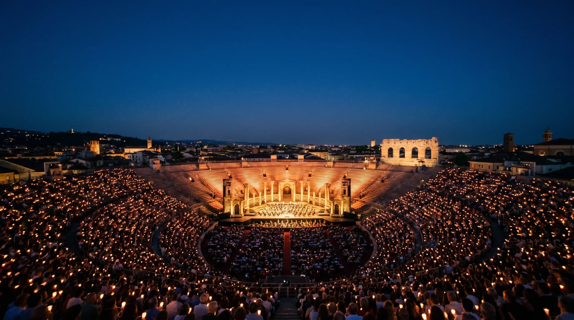 The Verona arena lit for a summer opera performance at night.